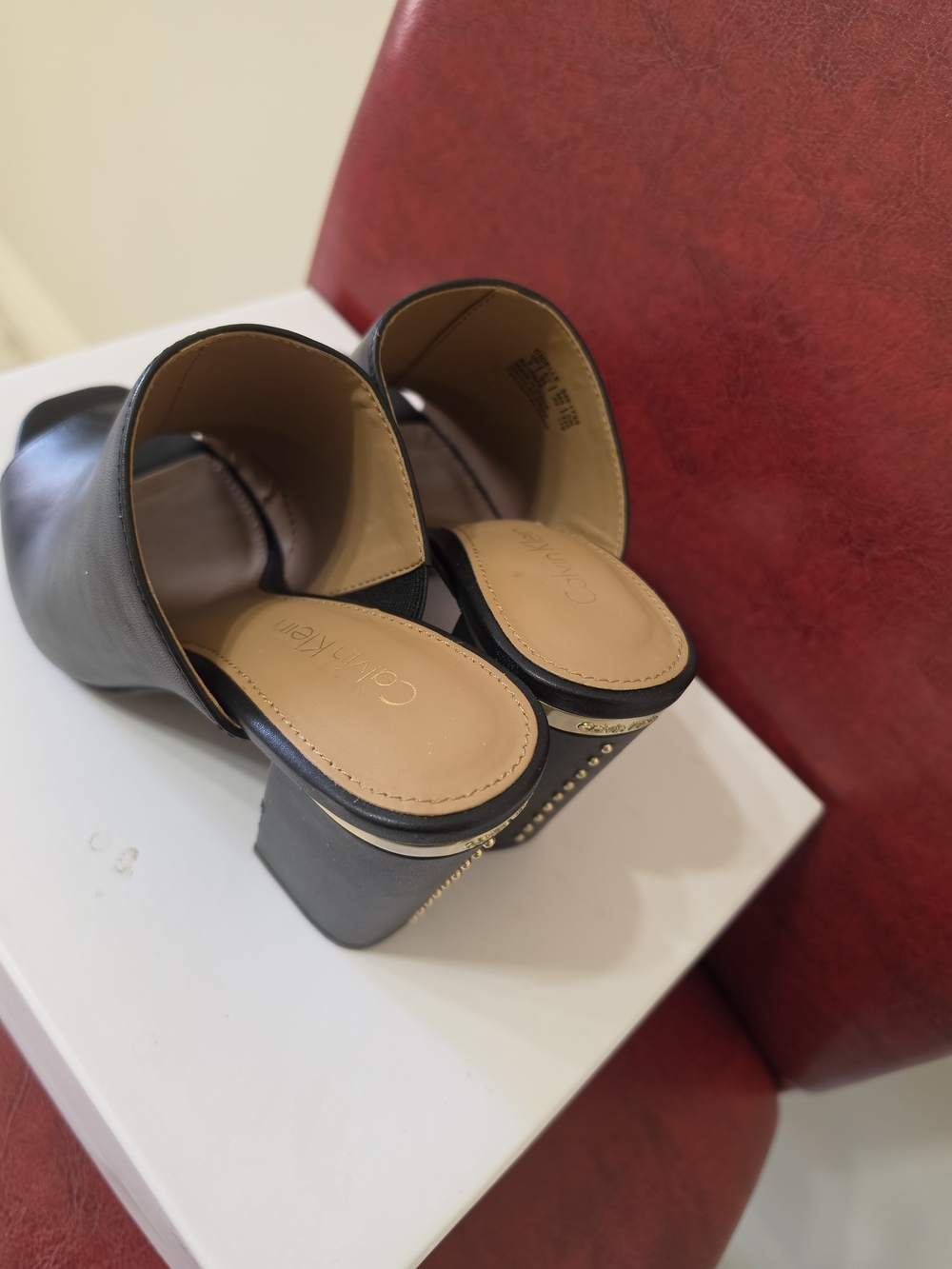 Calvin Klein Black Leather Block Heel Mules